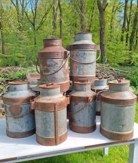 Oude brocante zinken melkbus vaas bloembak tuindecoratie, Gebruikt, Minder dan 30 cm, T, Rond