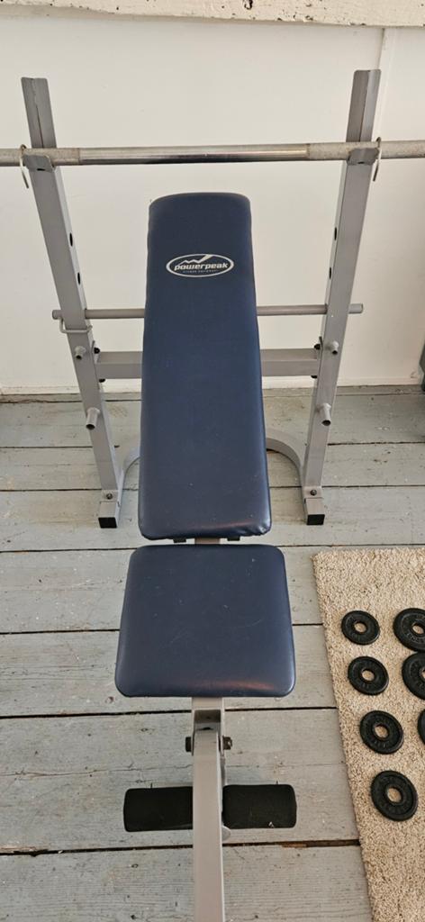 Powerpeak Fitnessbank met Halterschijven en Stangen, Sport en Fitness, Fitnessmaterialen, Ophalen of Verzenden, Gebruikt, Benen