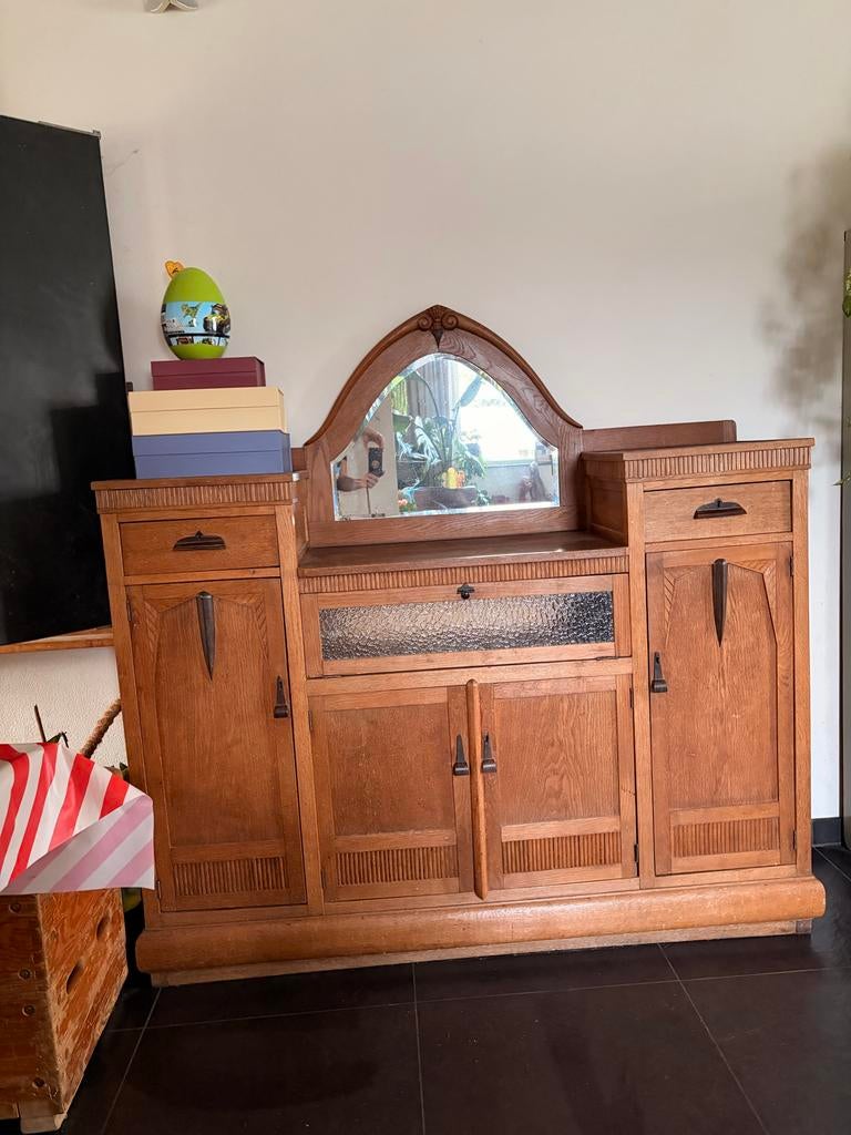 Amsterdamse school stijl dressoir met spiegel, Ophalen, Gebruikt, 150 tot 200 cm, Eikenhout