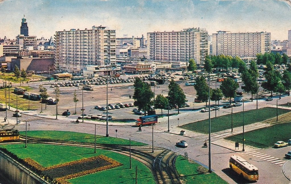 755S Rotterdam Kruisplein nog zonder De Doelen, autobus RET, Ophalen of Verzenden, 1940 tot 1960, Ongelopen, Zuid-Holland