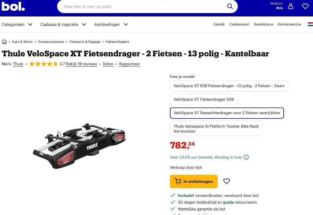 Thule Velospace XT - 2 fietsen zgan, Ophalen, Elektrische fiets, Zo goed als nieuw, 2 fietsen