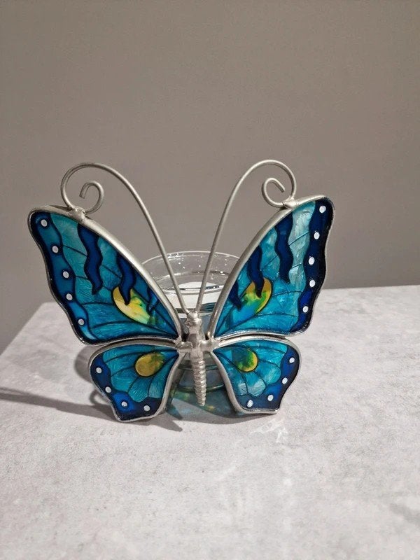 Prachtige Tiffany Stijl Vlinder Waxinelichthouder, Ophalen of Verzenden, Blauw, Glas, Waxinelichthouder