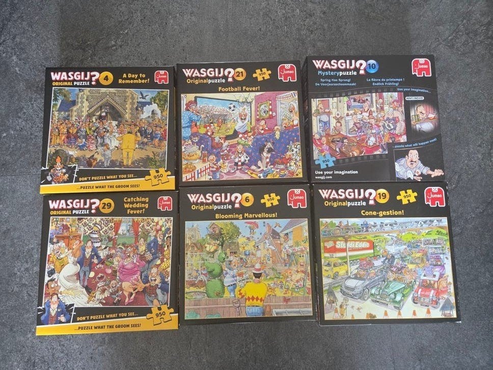 6x Jumbo Wasgij Puzzels 950 Stukjes (5 Original + 1 Mystery), Ophalen of Verzenden, 500 t/m 1500 stukjes, Gebruikt, Legpuzzel