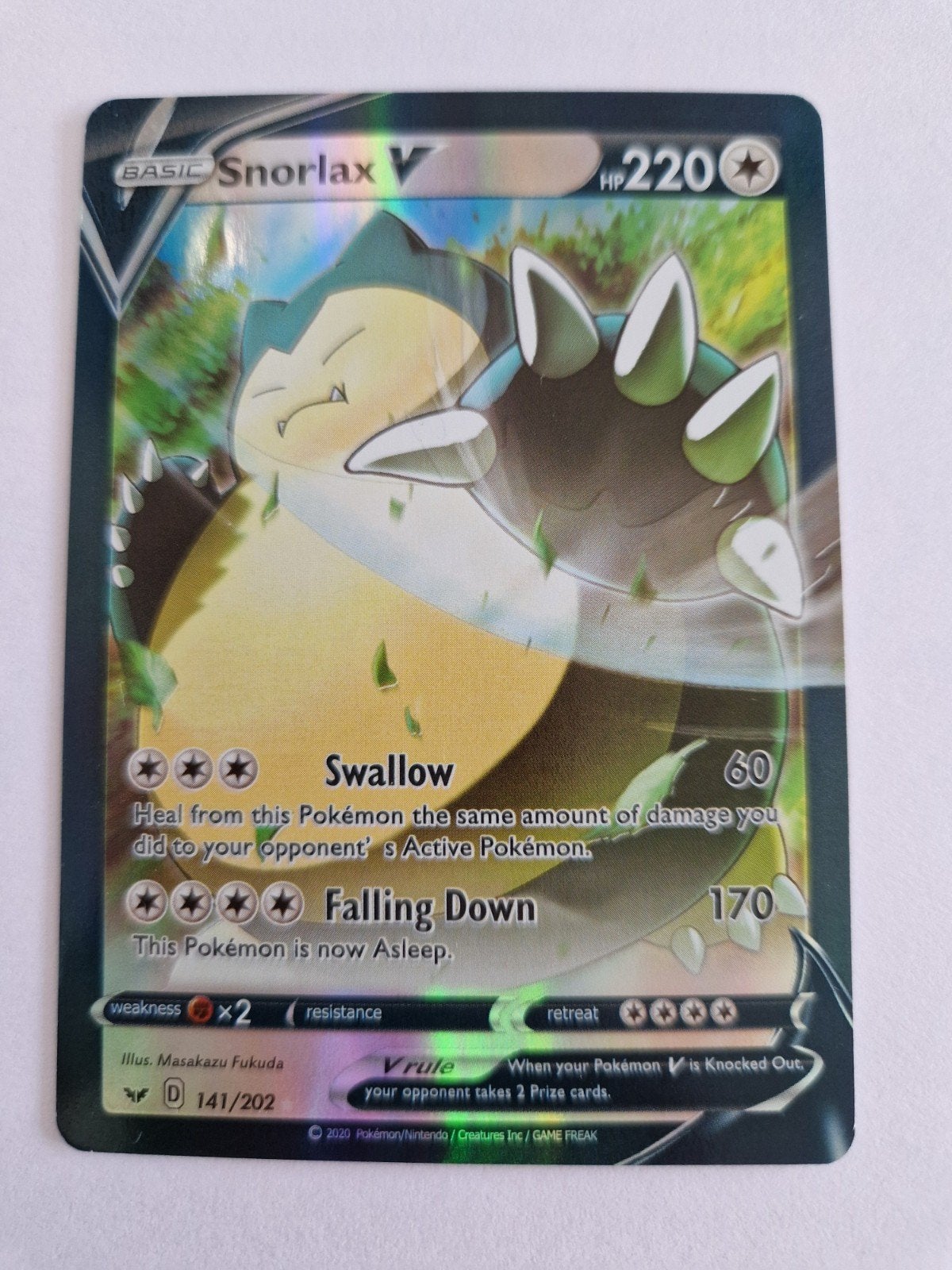 Pokémon Kaart Snorlax V 141/202 Sword & Shield, Ophalen of Verzenden, Zo goed als nieuw, Losse kaart