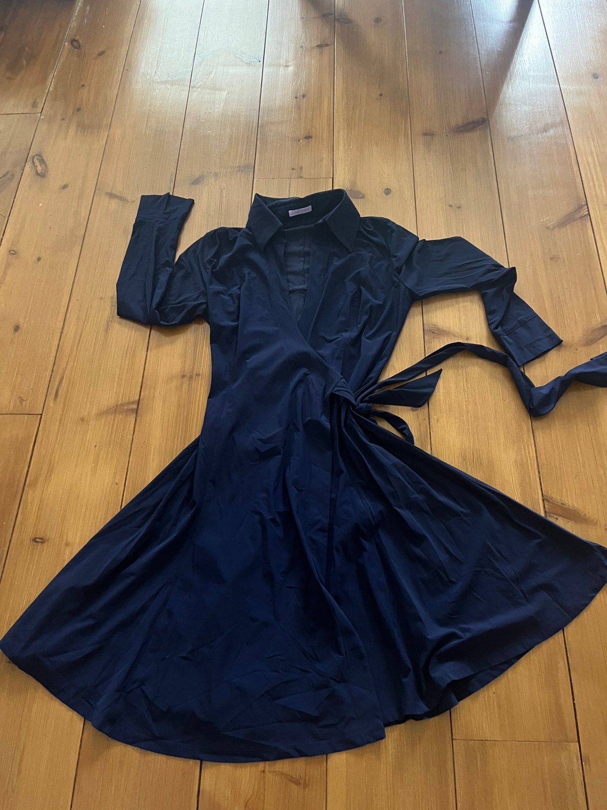 Mooie blauwe travelstof wikkeljurk LaDress, L/XL, Kleding | Dames, Verzenden, Maat 46/48 (XL) of groter, Blauw, Onder de knie