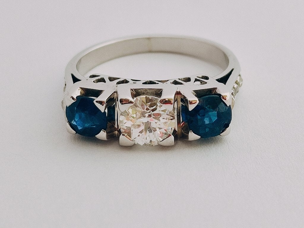 Artdeco gouden ring met saffieren, diamanten 1,01kt, Sieraden, Tassen en Uiterlijk, Ringen, Ophalen of Verzenden, Zo goed als nieuw