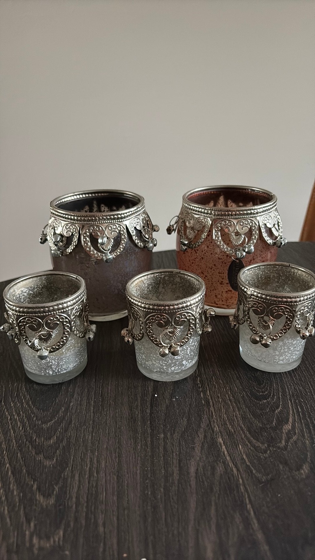 Set van 5 sfeervolle theelichthouders / kandelaars Riverdale, Grijs, Ophalen of Verzenden, Zo goed als nieuw, Metaal