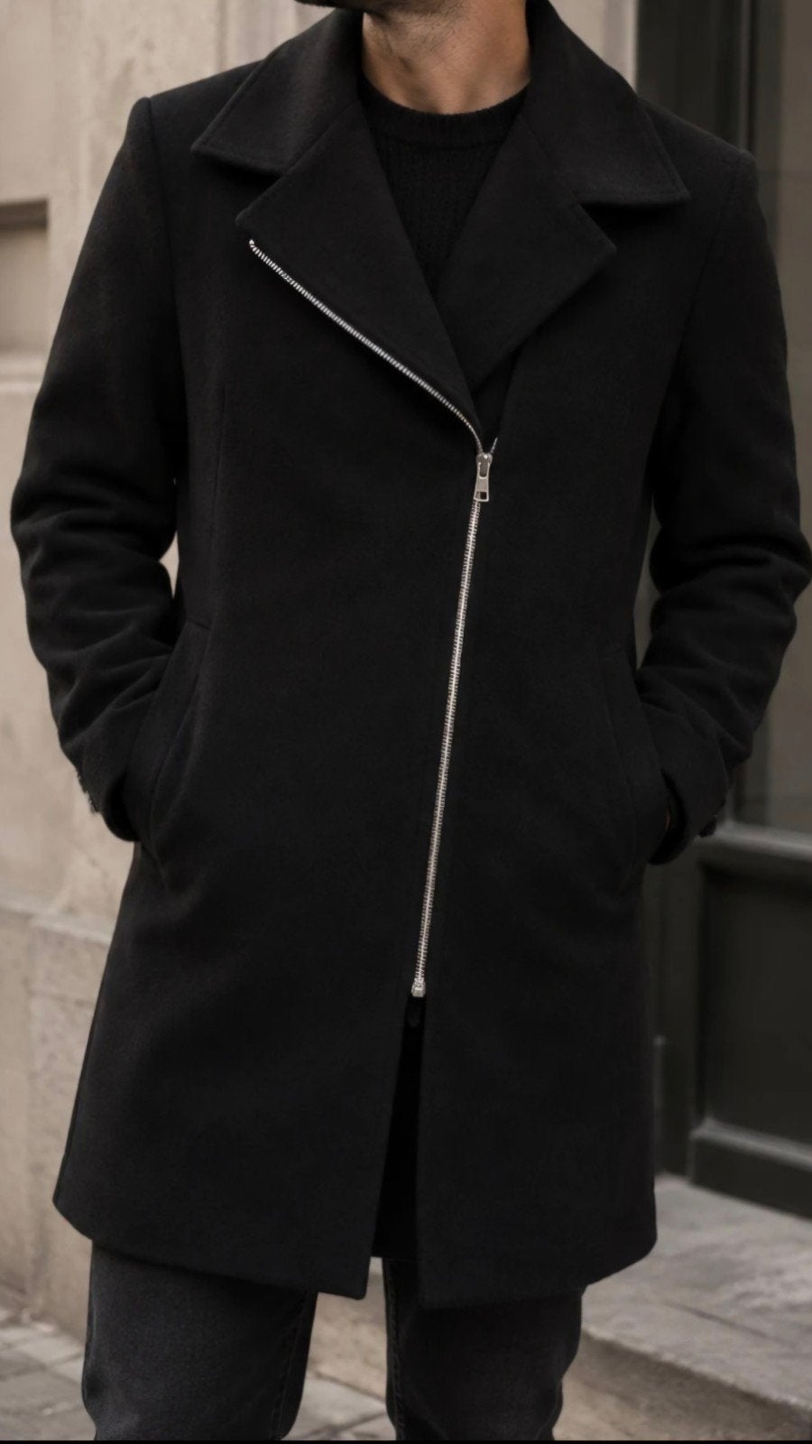 Zara Man Black Tag Lange Jas met Asymmetrische Rits, Kleding | Heren, Maat 52/54 (L), Zwart, Zara Man Black Tag, Ophalen of Verzenden