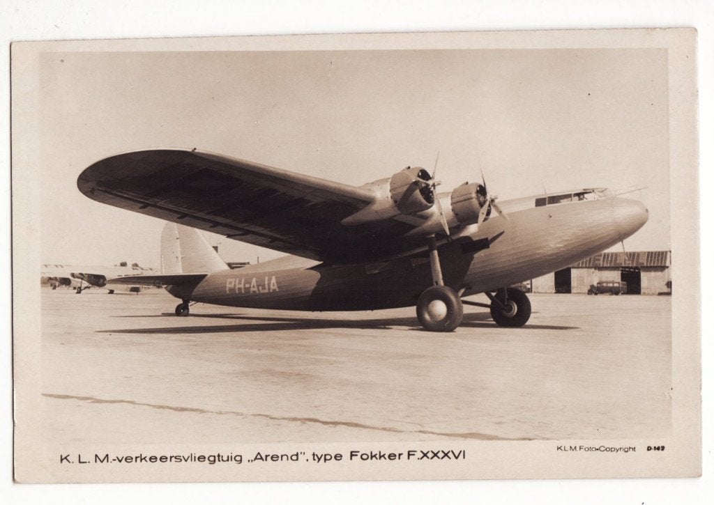 Arend K.L.M. verkeersvliegtuig Fokker F.XXXVI PH-AJA, Gebruikt, Verzenden, Kaart, Foto of Prent, X
