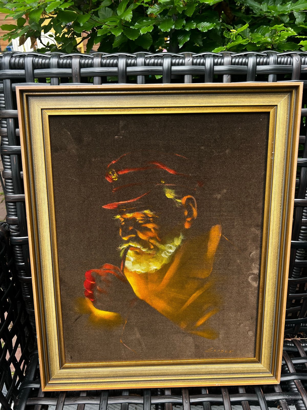 Vintage Schilderij Oude Man met Pijp - Fluweel, Ophalen