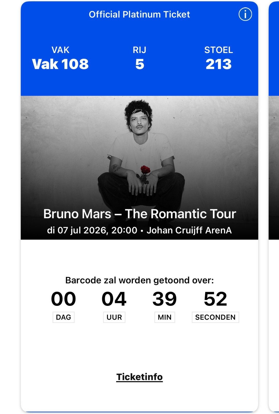 1x ticket Bruno Mars, Tickets en Kaartjes, Eén persoon, Juli