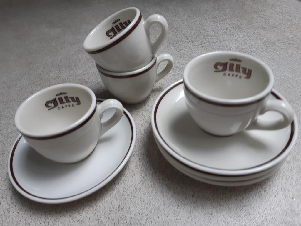 4x Vintage Illy Espressokopjes met Schotels - Jaren '60, Ophalen of Verzenden, Zo goed als nieuw, Overige stijlen, Kop(pen) en/of Schotel(s)