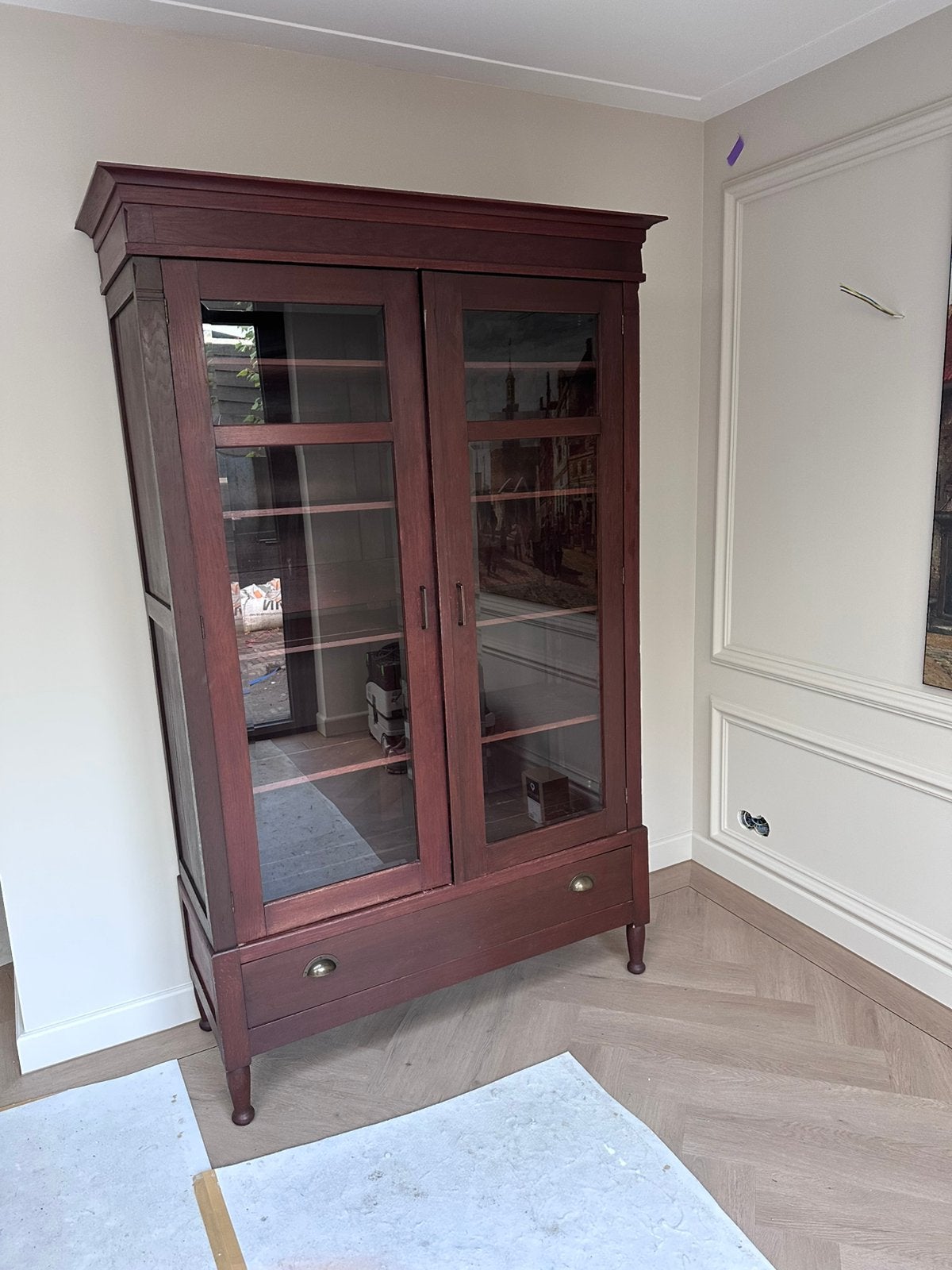 Massief eikenhouten vitrinekast met geslepen glas, Ophalen, Glas, Gebruikt, 200 cm of meer