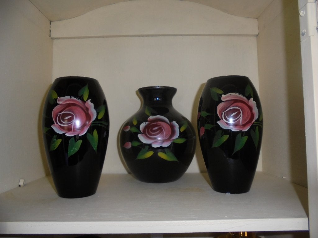 Booms glas /Zwart met schildering van roos 3 stuks in 1 koop, Antiek en Kunst, Ophalen of Verzenden