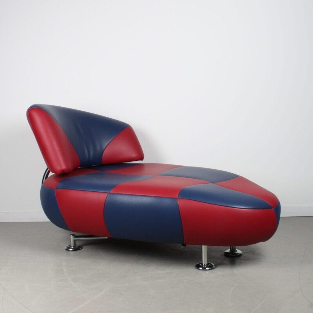 Leolux Kikko Chaise Longue Fauteuil Blauw/Rood Leer
