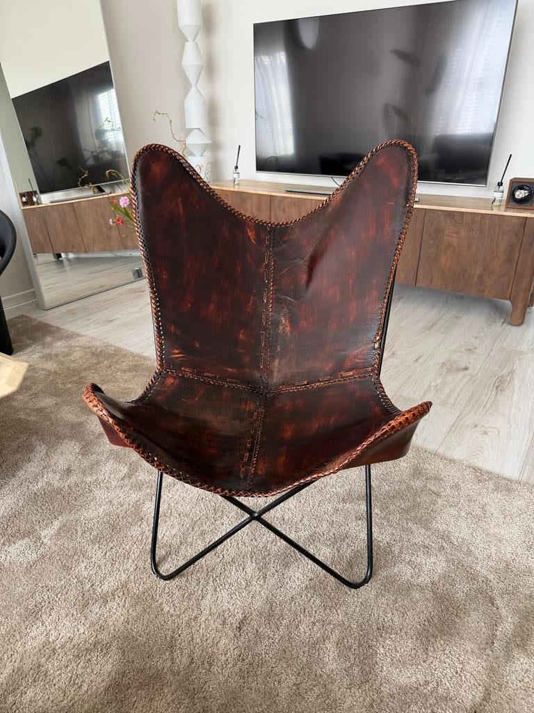 Leren vlinderstoel / Butterfly chair - bruin leer, Ophalen, Gebruikt, 50 tot 75 cm, Leer