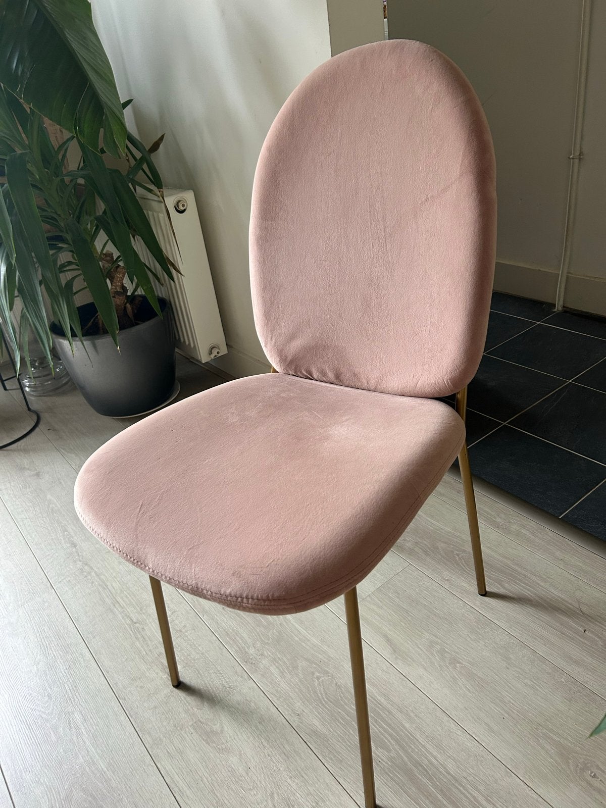 4 Roze fluwelen stoelen met gouden poten, Ophalen, Gebruikt, Overige kleuren, Metaal