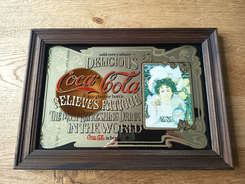 wandbord / spiegel Coca Cola in houten lijst: decoratief!, Ophalen of Verzenden