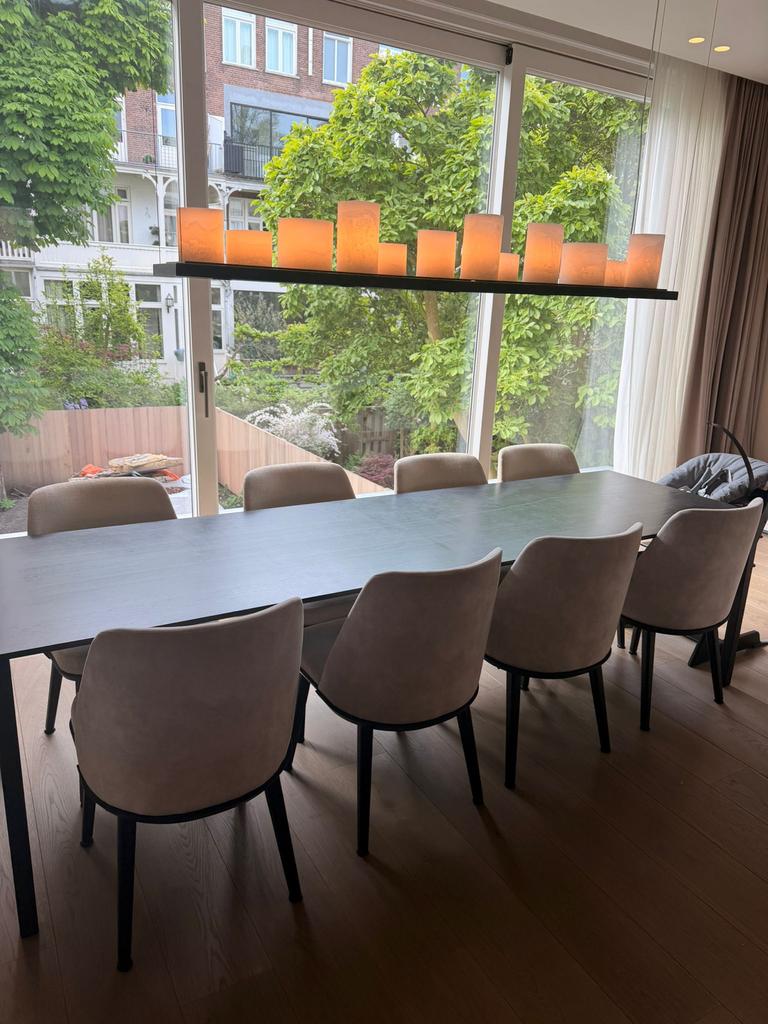 Eettafel (80x270x76) met 8 stoelen (4 velours, 4 stof), Ophalen, Gebruikt, Eikenhout, 200 cm of meer