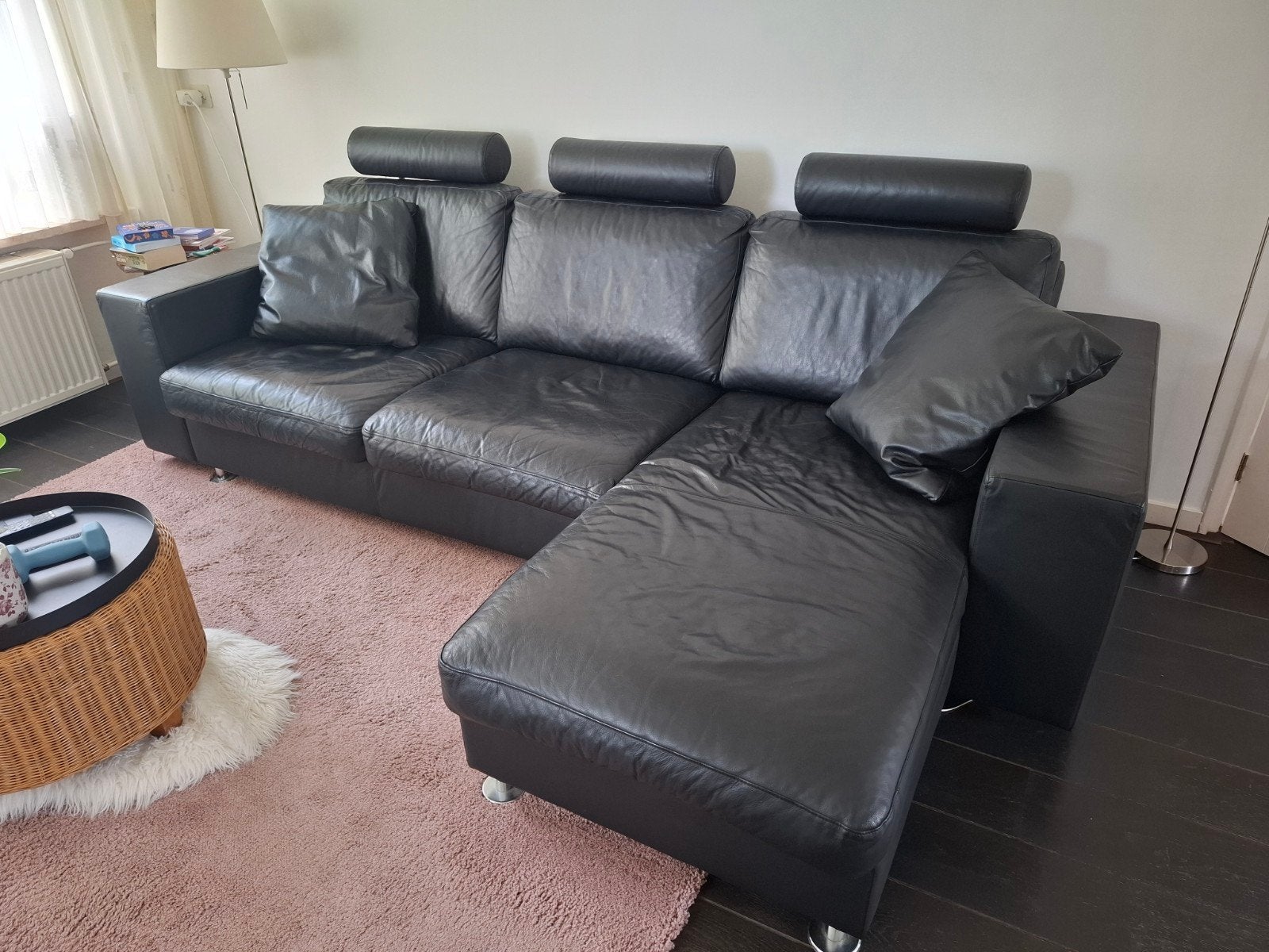 Luxe zwart leren loungebank Montel, Ophalen, Zo goed als nieuw, Leer