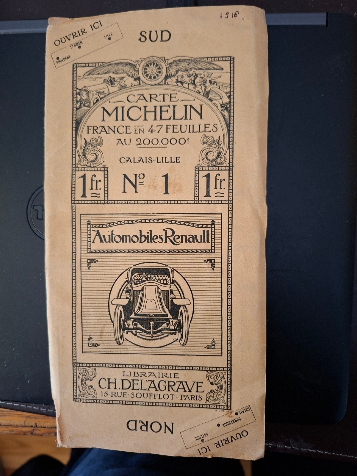 Michelin Kaart Frankrijk N1 Calais-Lille 1916 Renault, Ophalen of Verzenden, Gelezen, Michelin, Folder
