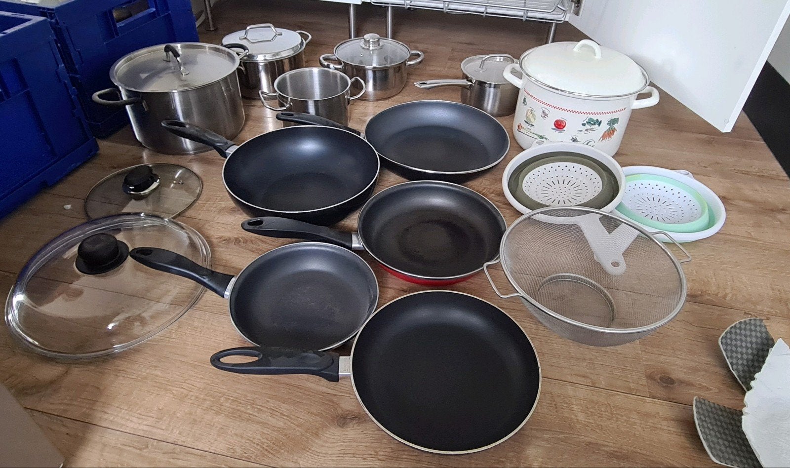 Diverse pannen en deksels, koekenpannen, ovenschalen, Ophalen, Gebruikt, Pannenset, Rvs