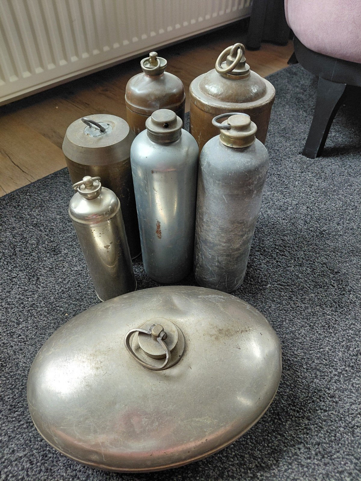 Antieke metalen kruiken en warmwaterkruik - Set van 6, Antiek en Kunst, Ophalen of Verzenden