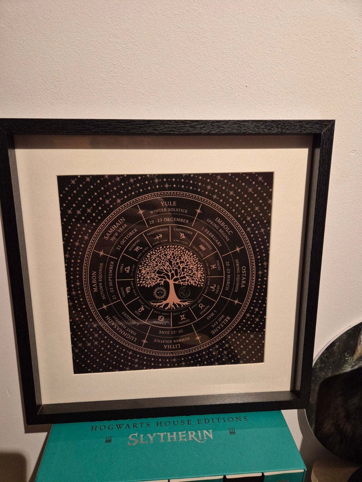 Schilderij met astrologische kalender en levensboom, Minder dan 50 cm, Ophalen of Verzenden, Zo goed als nieuw, Schilderij