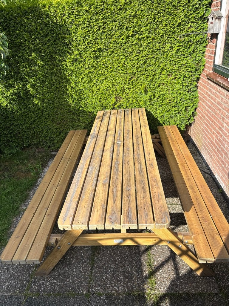 Rockwood picknicktafel 240 cm – Massief grenen – Goede staat, Tuin en Terras, Picknicktafels, Ophalen, Gebruikt, Inklapbaar, Rechthoekig