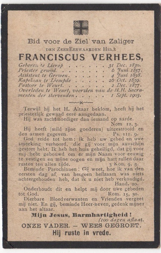 pastoor Franciscus Verhees 1830 Lierop + 1903 Weurt, 72 jaar, Verzamelen, Verzenden