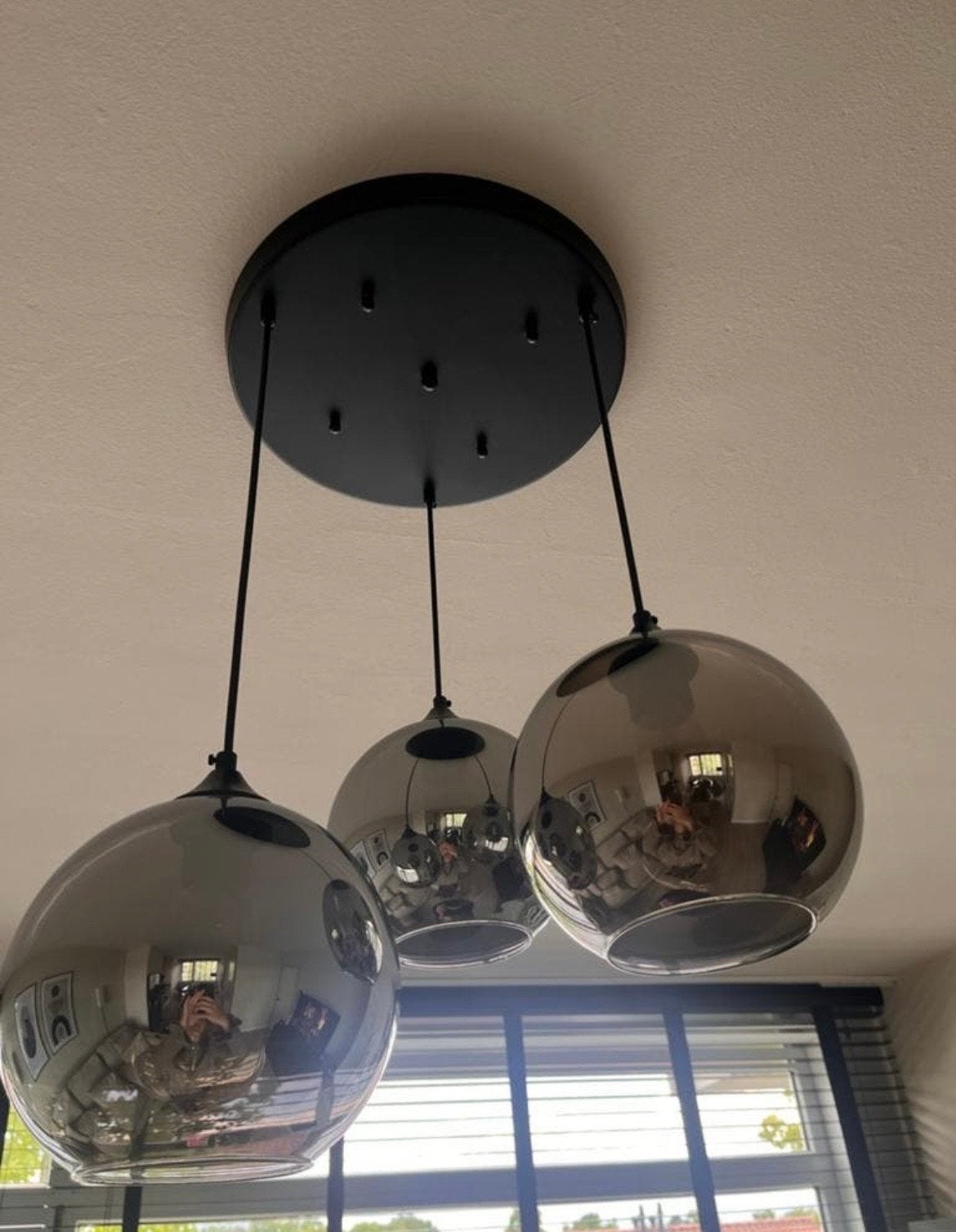 Moderne hanglamp met 3 glazen bollen - Smoke glas, Ophalen, Zo goed als nieuw, Glas, E27 (groot)