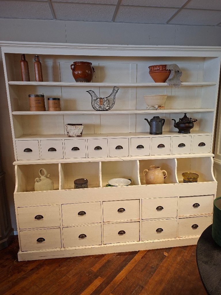 Brocante landelijke grutterskast/ winkelkast, Ophalen, Met plank(en), Gebruikt, 200 cm of meer