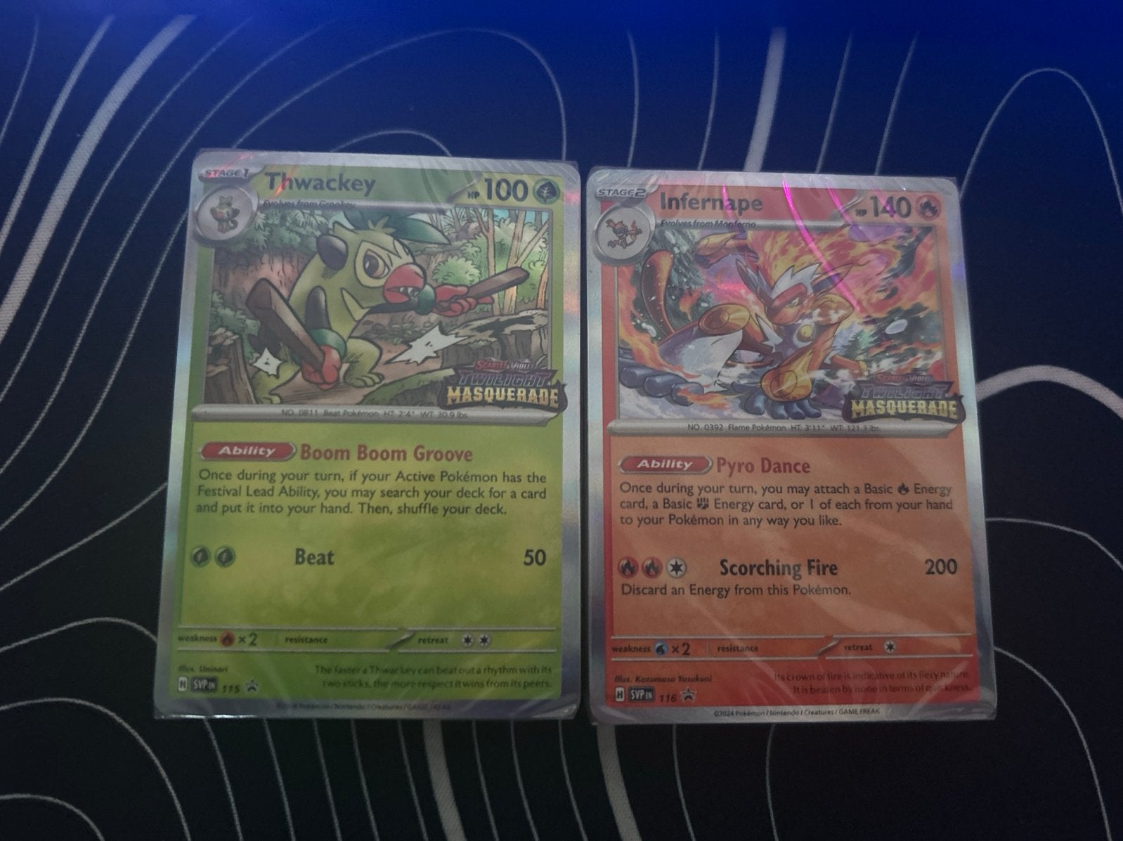 Pokémon TCG: Thwackey 115, Infernape 116 twilight masquerade, Ophalen of Verzenden, Nieuw, Meerdere kaarten, Foil