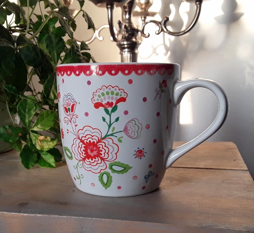 AH - Albert Heijn - mok - beker - bloemen - vrolijk, Gebruikt, Landelijk/Boerenbont, Ophalen of Verzenden, Albert Heijn