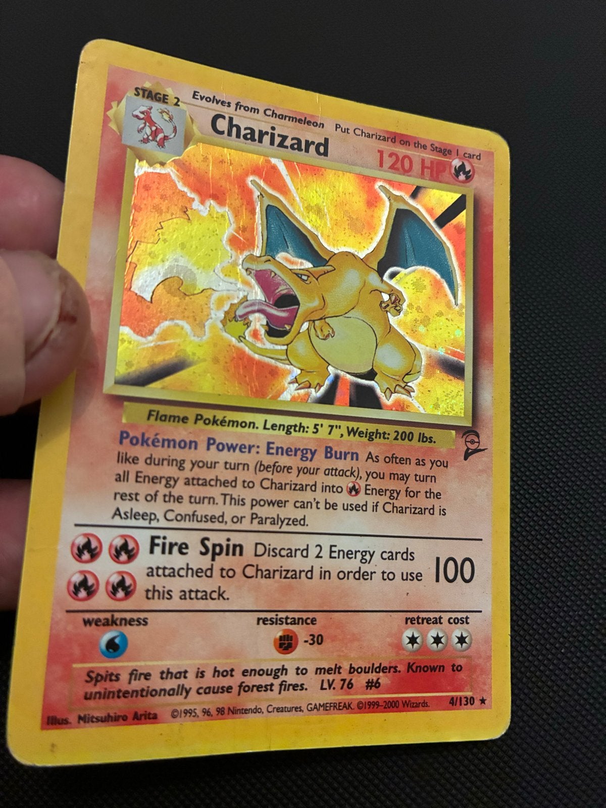 Charizard Pokémon kaart 4/130 Holo - Base Set 2, Ophalen, Gebruikt, Losse kaart, Foil