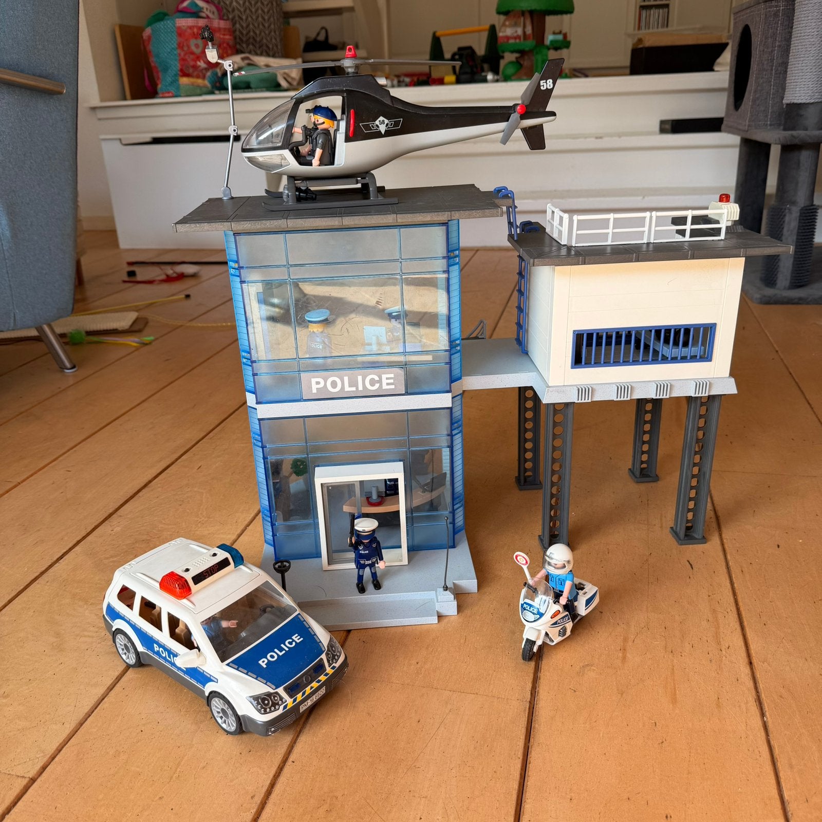 Playmobil politiebureau + helicopter + auto + motor, Ophalen, Gebruikt, Complete set, Gebouw