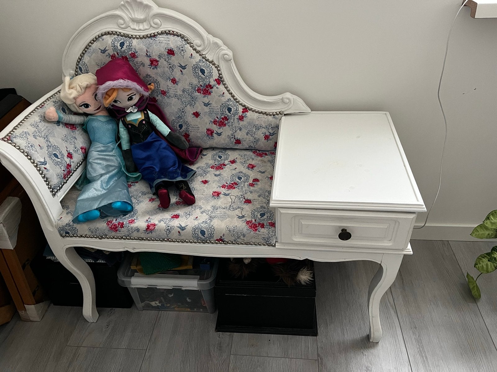 Vintage Telefoonbankje Queen Ann Stijl - Wit met Bloemenstof, Ophalen