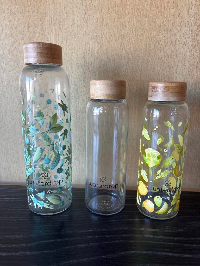 Waterdrop glazen flessen met bamboe dop, 3 stuks, Ophalen, Meerkleurig, Overige merken, Glas