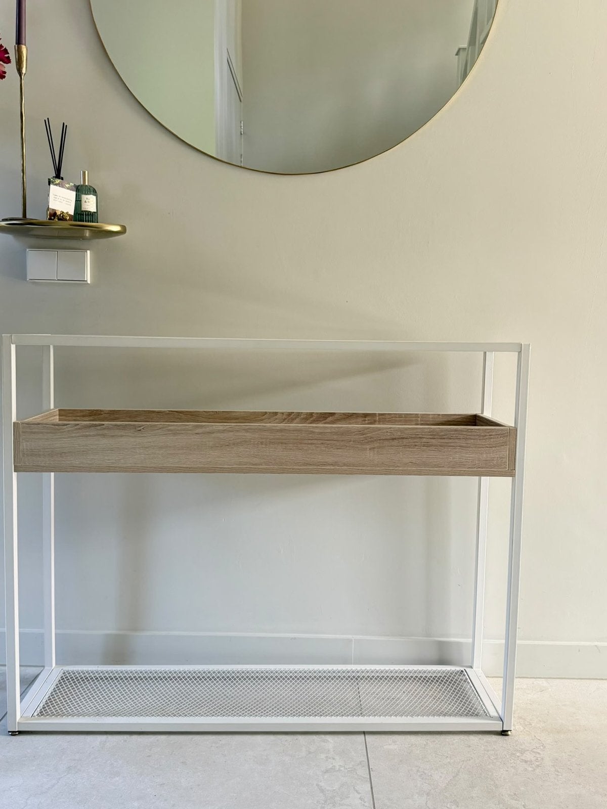 sidetable met houten lade en metalen frame, Ophalen, 100 tot 150 cm, Zo goed als nieuw, Metaal