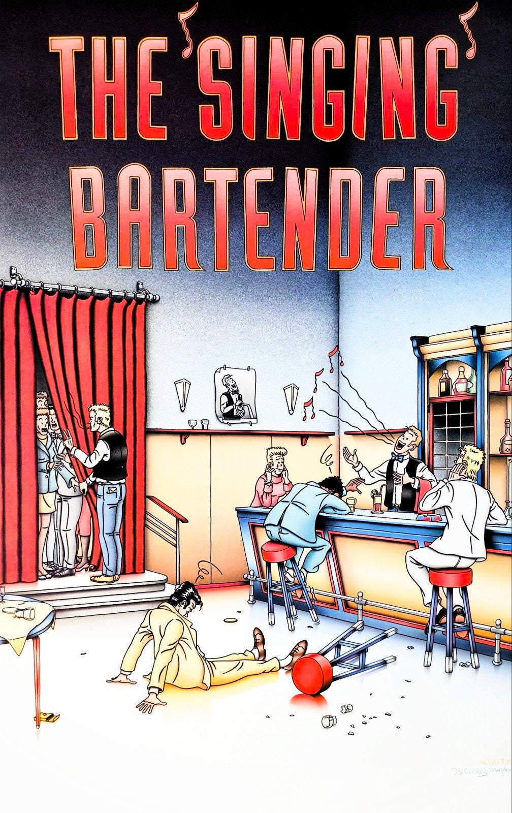 Jack Keuss & Marjolein Meijs "The Singing Bartender", Antiek en Kunst, Personages en Fantasiefiguren, Zeefdruk, Gesigneerd, Ophalen of Verzenden