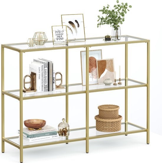 Sidetable, wandtafel goudkleur en glas, Ophalen, Zo goed als nieuw