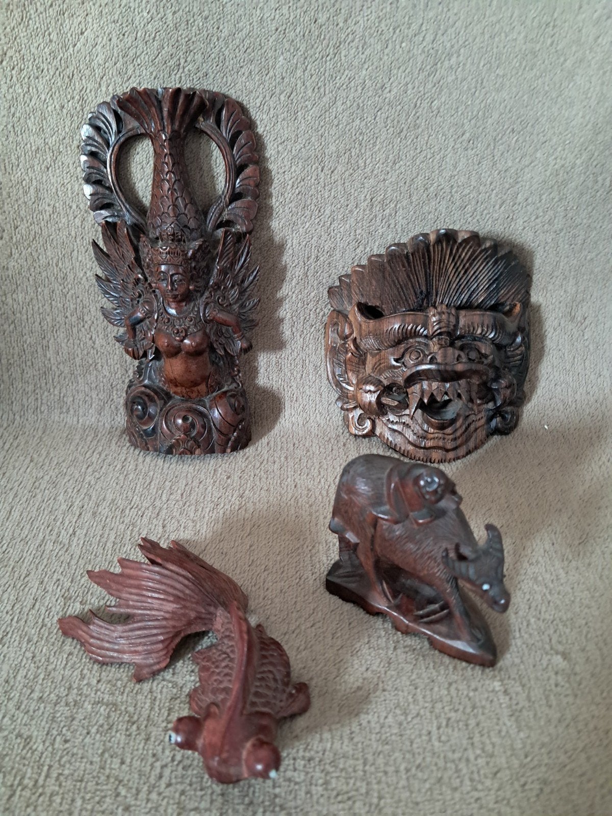 Vier Oosterse houtgestoken  sculpturen, Ophalen of Verzenden