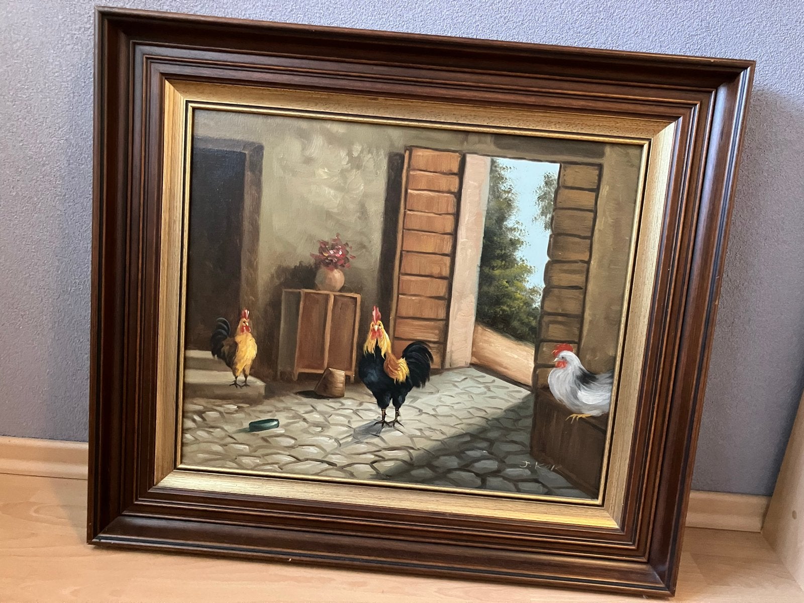 Olieverfschilderij: Hanen op de boerderij, gesigneerd, Ophalen, Doek, Realistisch, Dieren