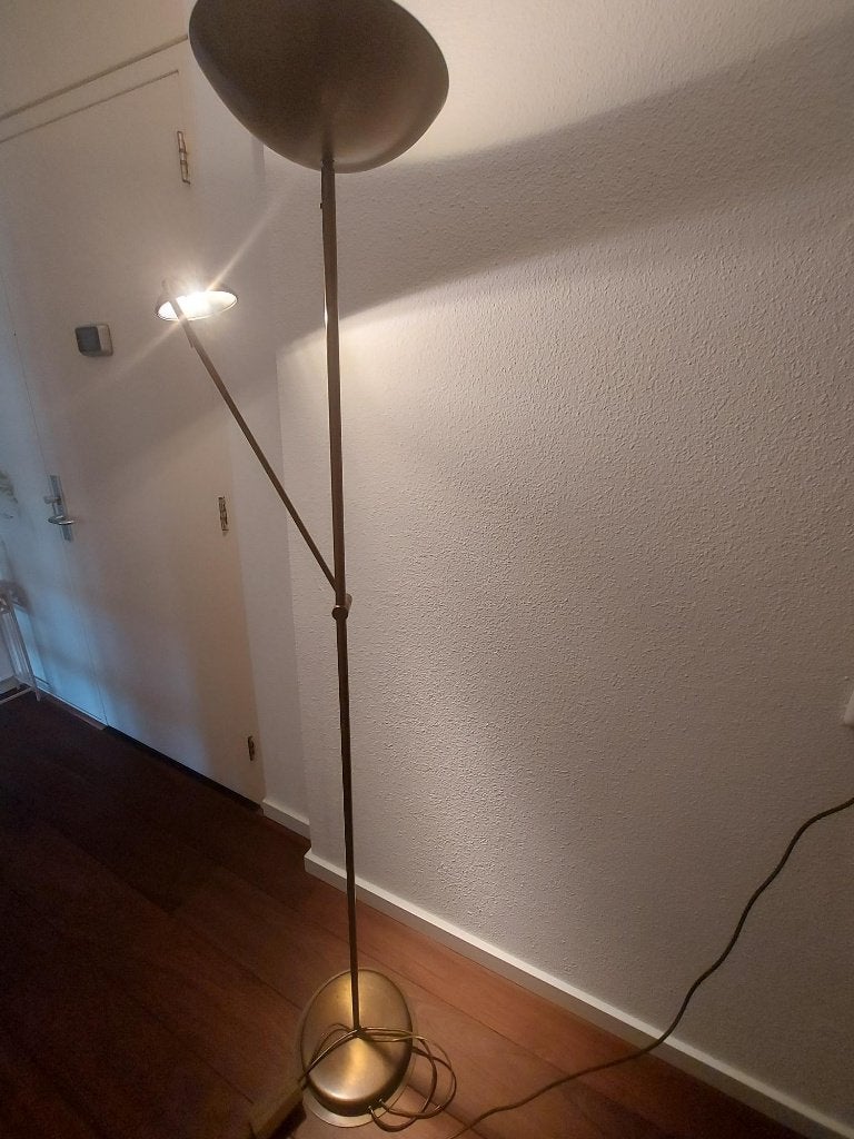 Vloerlamp met leeslamp messing halogeen, Huis en Inrichting, Lampen | Vloerlampen, Ophalen, Gebruikt, 150 tot 200 cm