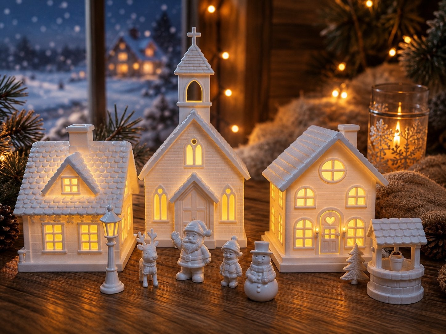 Kersthuisjes, kerstdorp set van 3 inclusief poppetjes enz., Diversen, Ophalen of Verzenden, Nieuw