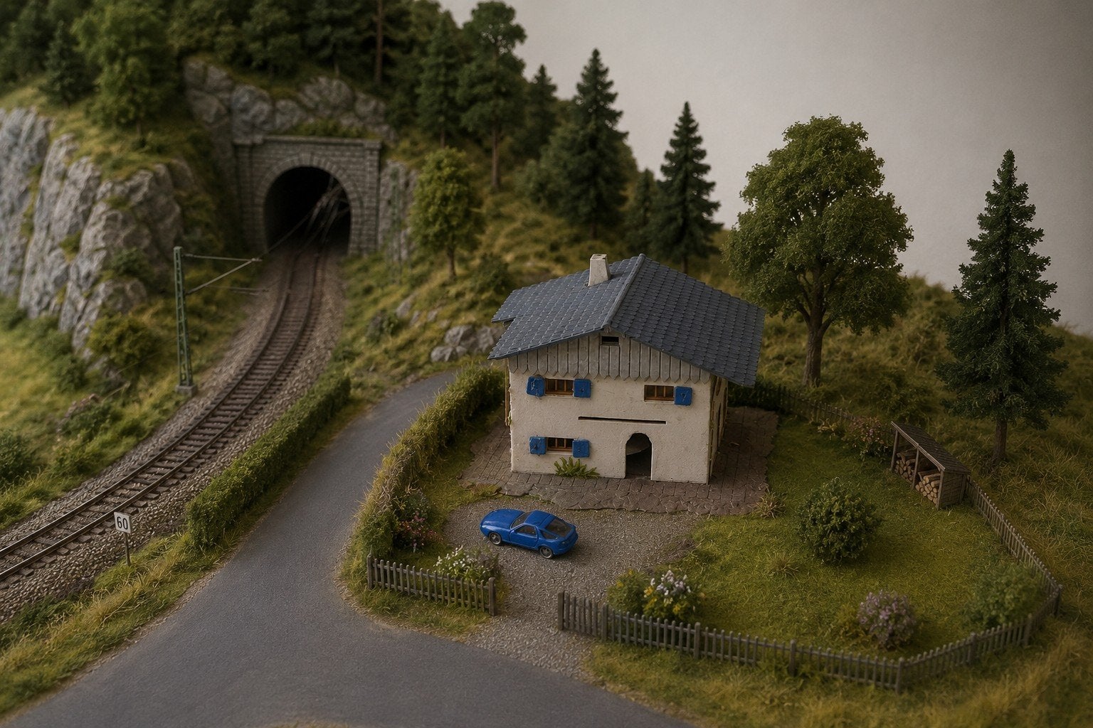 Miniatuur huisje met auto - Perfect voor diorama's, Overige merken, Gelijkstroom of Wisselstroom, Brug, Tunnel of Gebouw, Ophalen of Verzenden