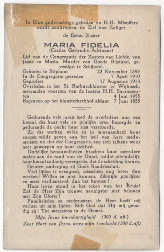 zr. Cecilia Adriaans 1893 Stiphout + 1955 Wijbosch, 61 jaar, Verzenden