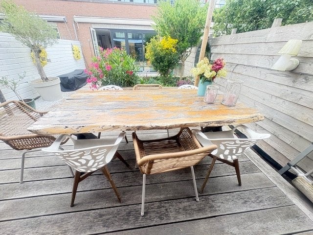 Ibiza tuintafel met 4 witte kuipstoelen, Tuin en Terras, Ophalen, Gebruikt, Rechthoekig, Hout