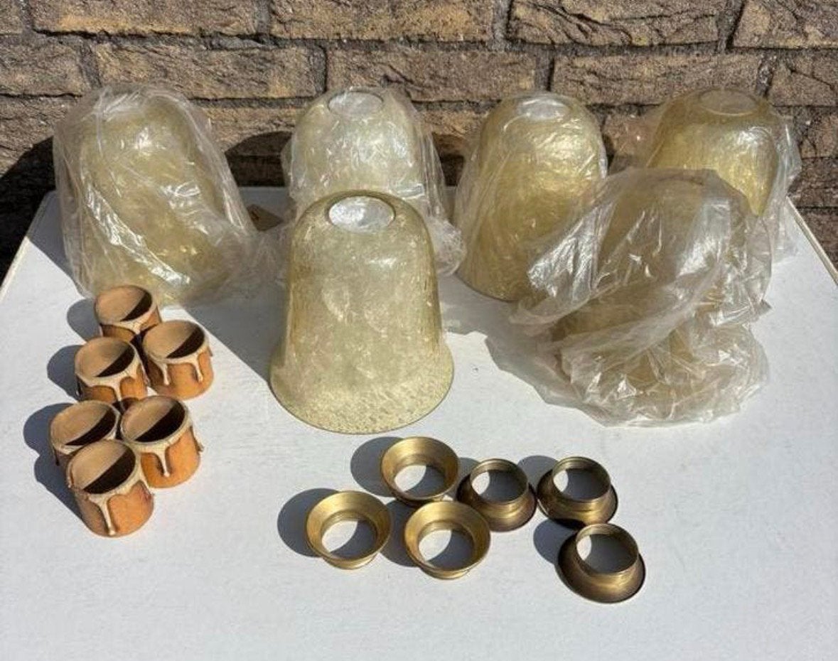 6x Antieke gele lampenkappen van mat glas, peervormig,, Ophalen of Verzenden, Gebruikt