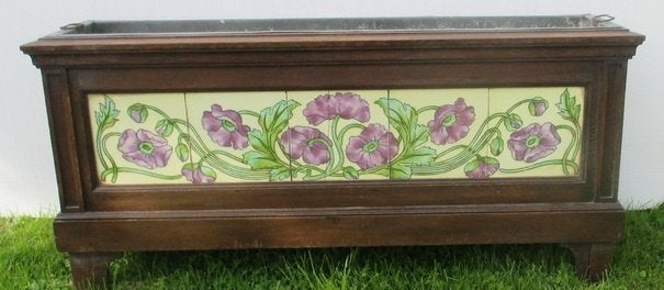 uitzonderlijke eiken bloemenbak met art nouveau tegels, Ophalen